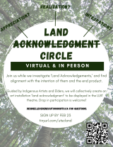 Land Acknowledgement Circle poster. A circle frame with event info listed on the webpage. Background of a worm's eye view in the forest