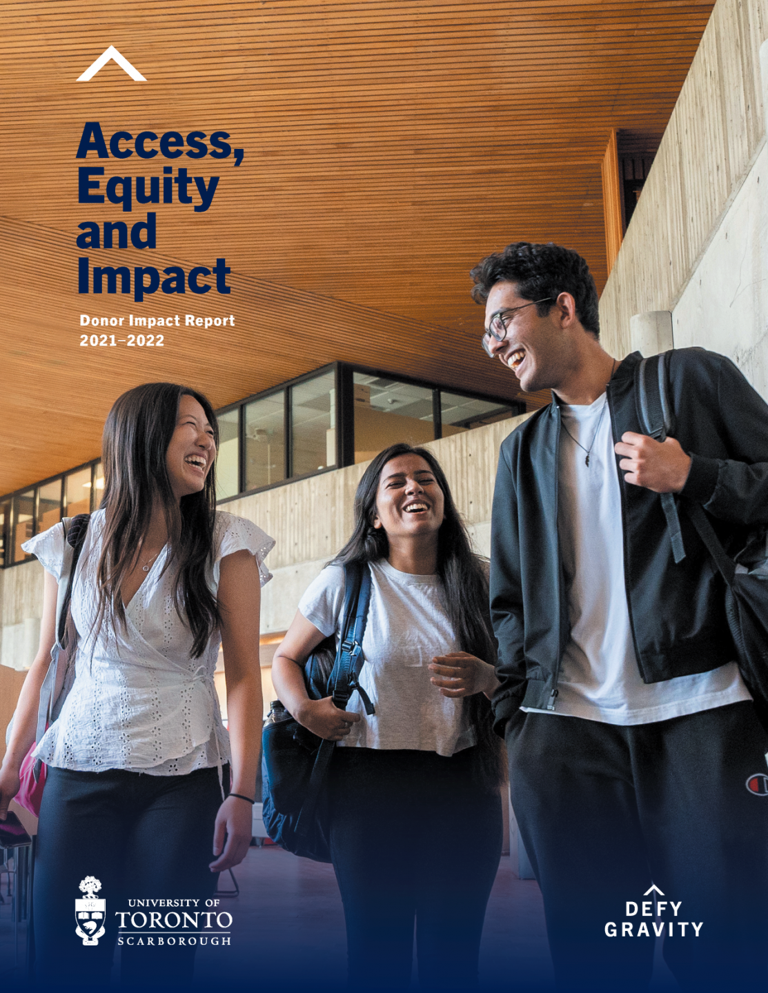 Cover of the Donor Impact Report featuring three similing students at UTSC