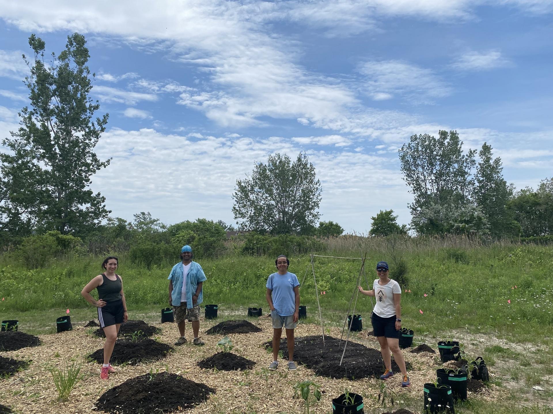 2021 Three Sisters Garden Preparation | From left to right: Alexis Bornyk, Simon Reyes, Isaac Crosby, Dani Kwan-Lafond   