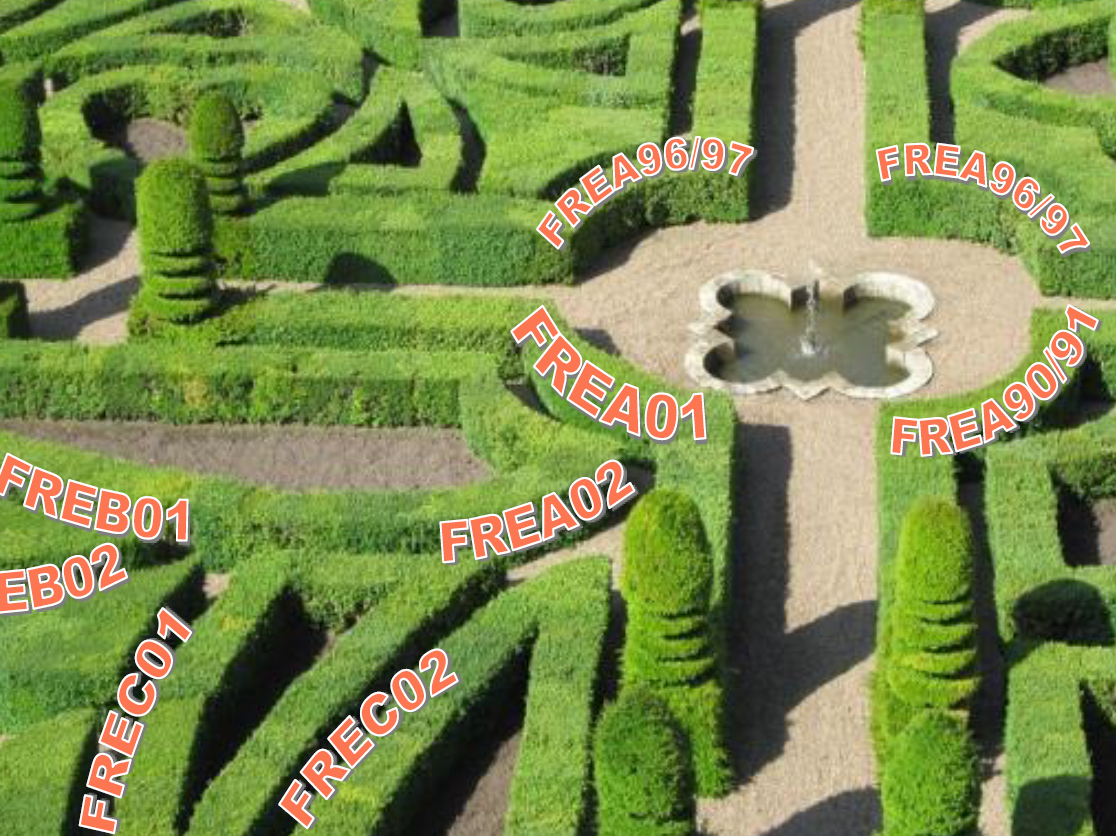 Hedge maze with French course codes overlayed