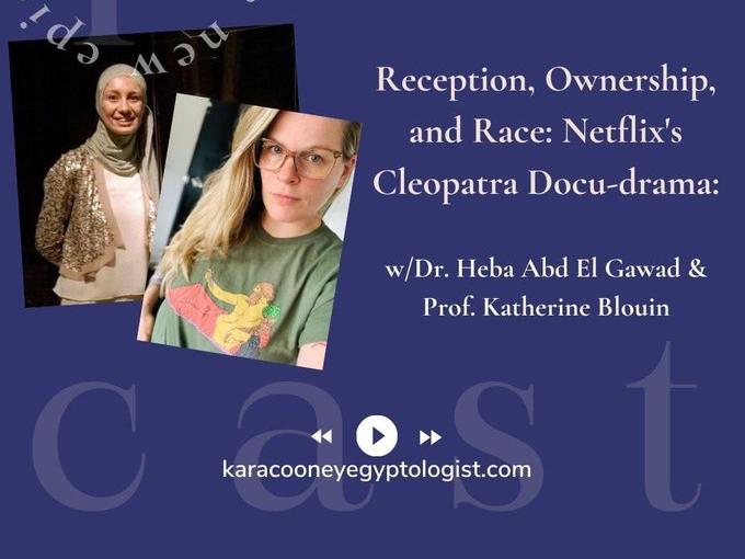 Individual images on Dr. Heba Abd El Gawad and Prof Katherine Blouin overlaid on an indigo background next to the podcast episode title and guest names