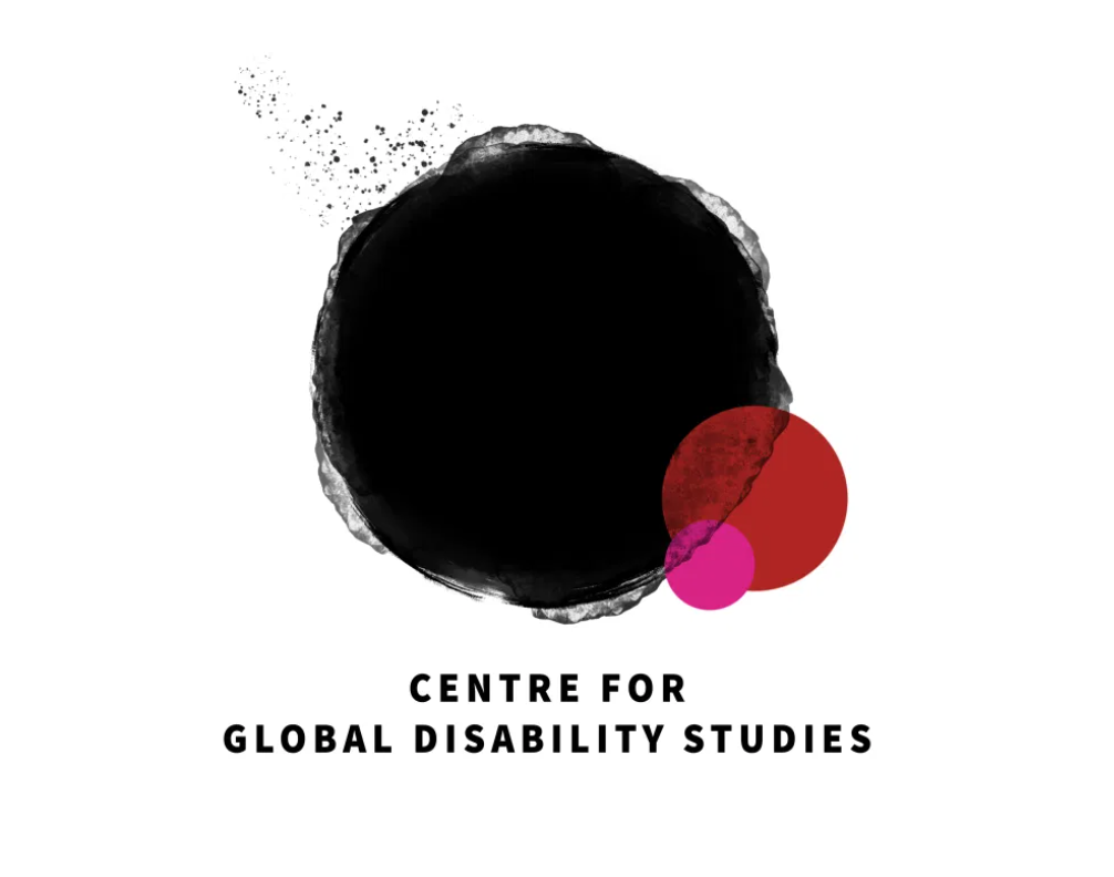 Logo text reads centre for global disability studies. A black inky circle with smaller red and pink circles adjoining