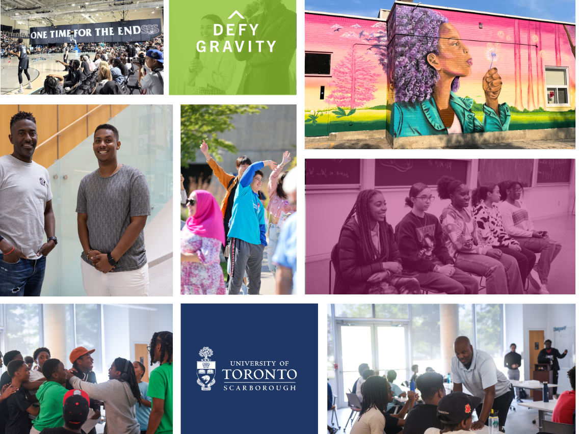Collage of people and places at and around UTSC with U of T logos in defy gravity colours
