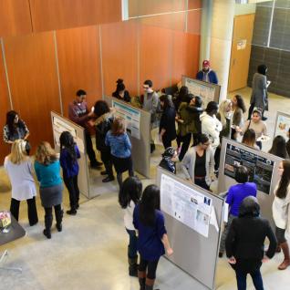 People viewing research posters at an event