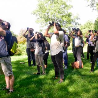 Group of people looking through binoculars