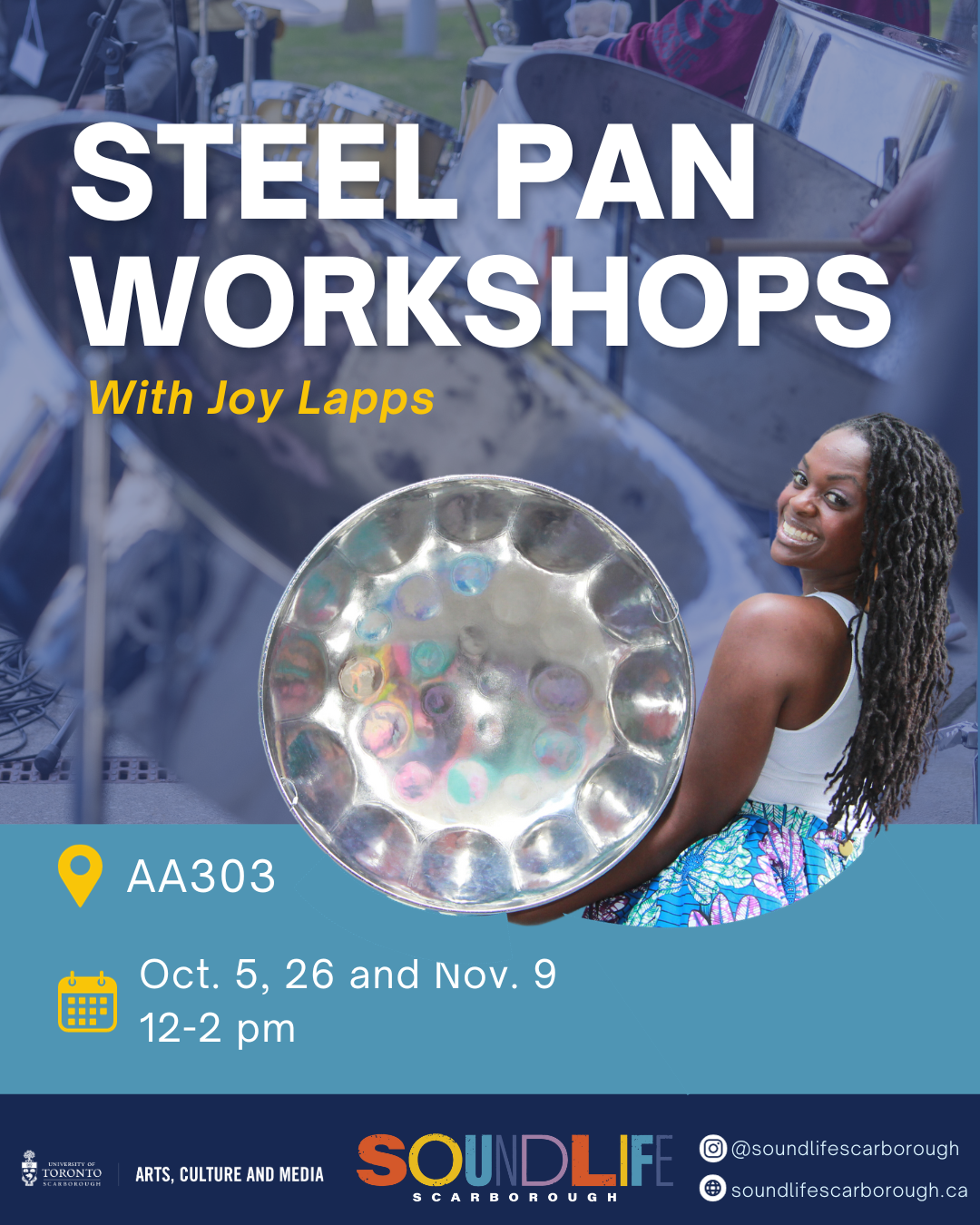 Joy Lapps holding up a steel pan with a background of steel pans in the background with details of the event listed on the webpage