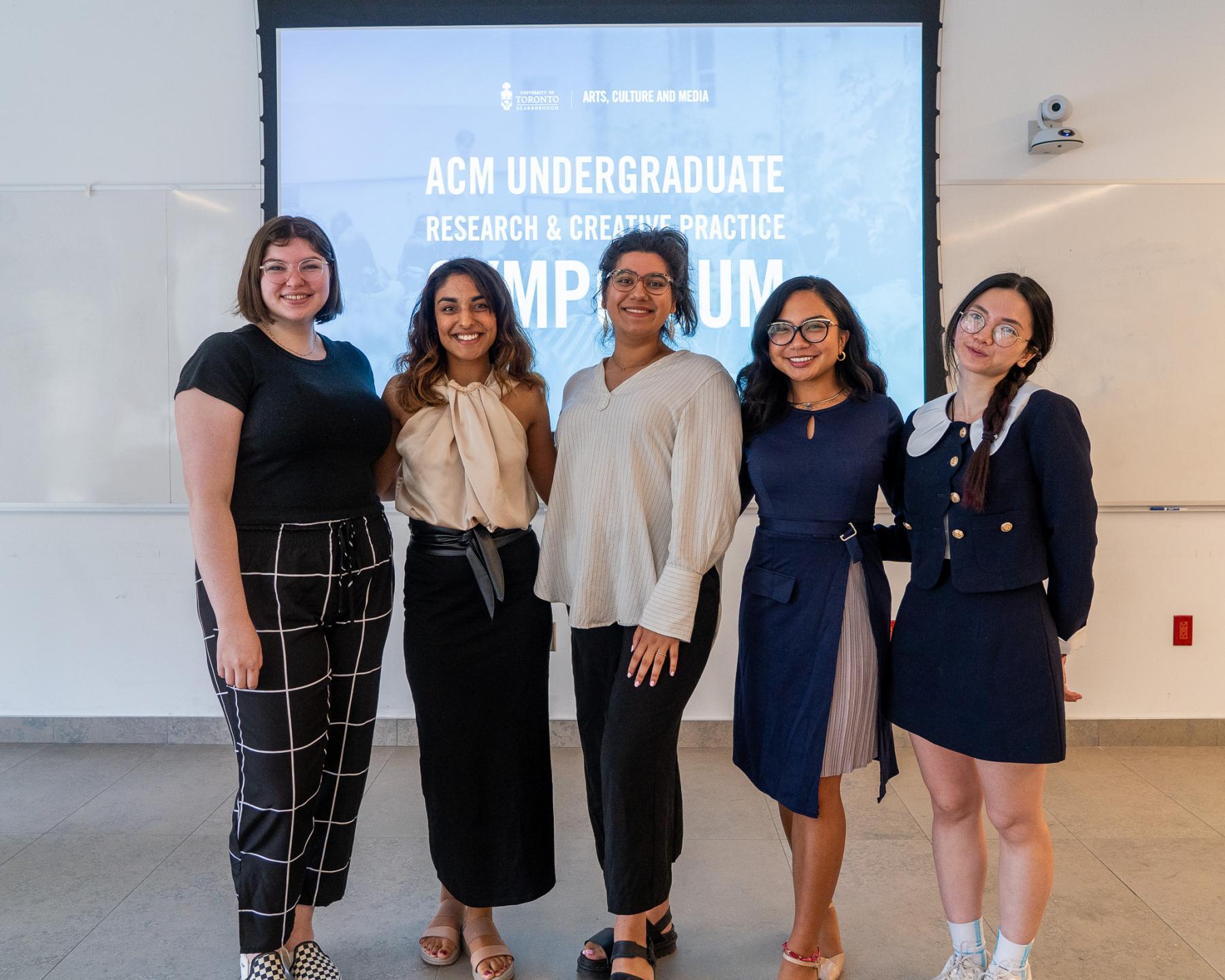 Group photo of the presenters. From left to right, Tailynn Smith Vetters, Sanah Malik, Sofia Suleman, Rachel Guanlao, Dan Pham.