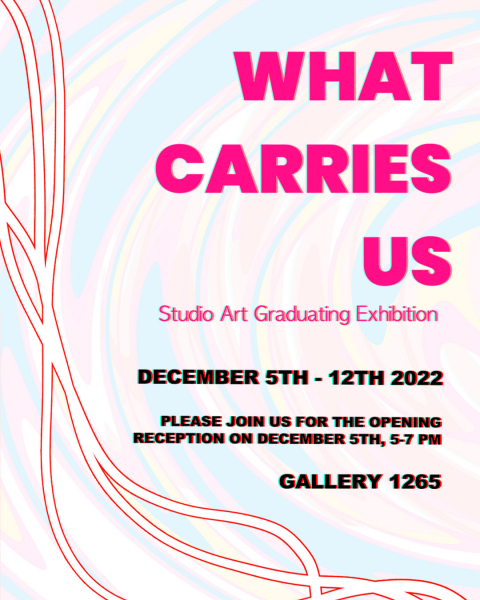  What Carries Us Fall 2022 Studio Art Graduating Exhibition  Gallery 1265 SW209 Meeting Place 1265 Military Trail, Toronto, ON, M1C 1A4 https://gallery1265.com/    December 5-12, 2022   Opening reception: December 5, 5pm-7pm   Artworks by: Christiana Ceesay, Joanne Devanathan, Tingting Feng, Se Hong, Tyler Kim, Evan Lear, Qin Zheng Sun, Kun Peng Tang, Jing Teng, Yan Xu, Xiaoyu Zhang   The Department of Arts, Culture and Media at the University of Toronto Scarborough is excited to announce What Carries Us, an exhibition featuring artworks by graduating students in the Advanced Studio Practice course. What Carries Us explores various states of reflection and contemplation, unearthing questions around what brought us here and what moves us forward. The artworks in the exhibition use colour, abstraction, collage, and play to examine topics such as grief, memory, empowerment, and cultural transformations. As a response to a moment of transition, this exhibition proposes a space to ruminate on the inner forces that propel us forward. 