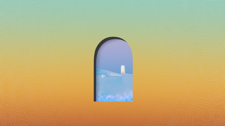 gradient of green to orange background with an arched window with blue gradient