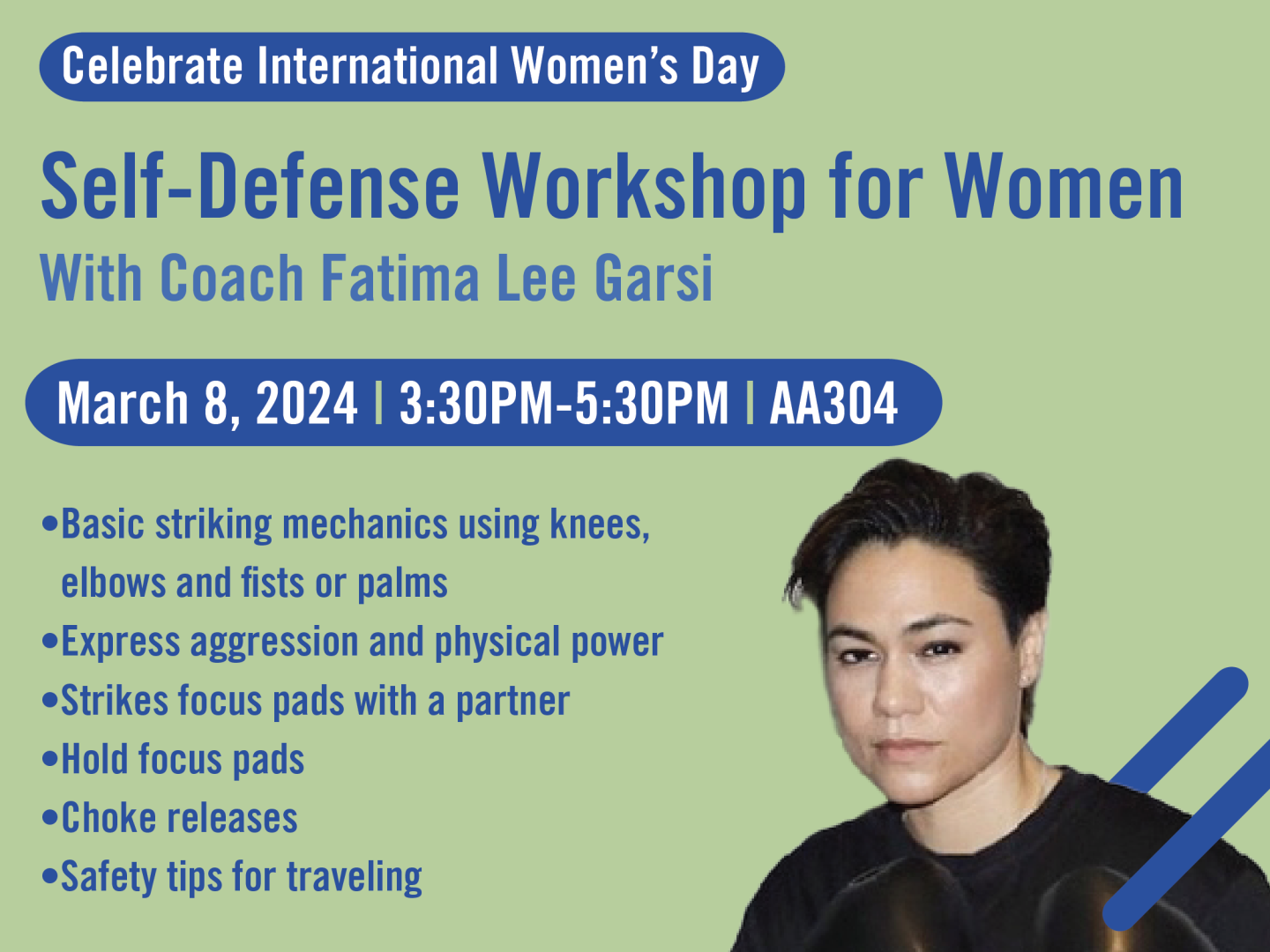 Self Defense Workshop with Coach Fatima Lee Garsi, event detail listed on the webpage. Bottom right with a headshot of Fatima Lee Garsi