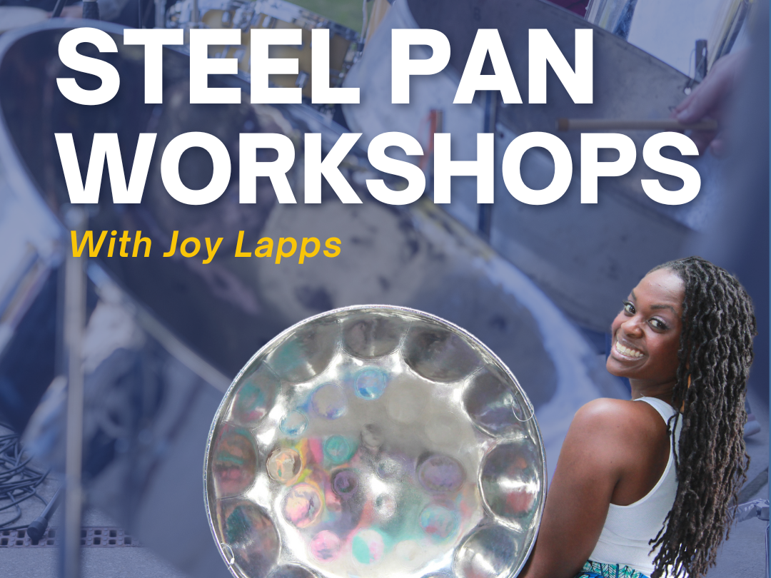 Joy Lapps holding up a steel pan with a background of steel pans in the background with details of the event listed on the webpage