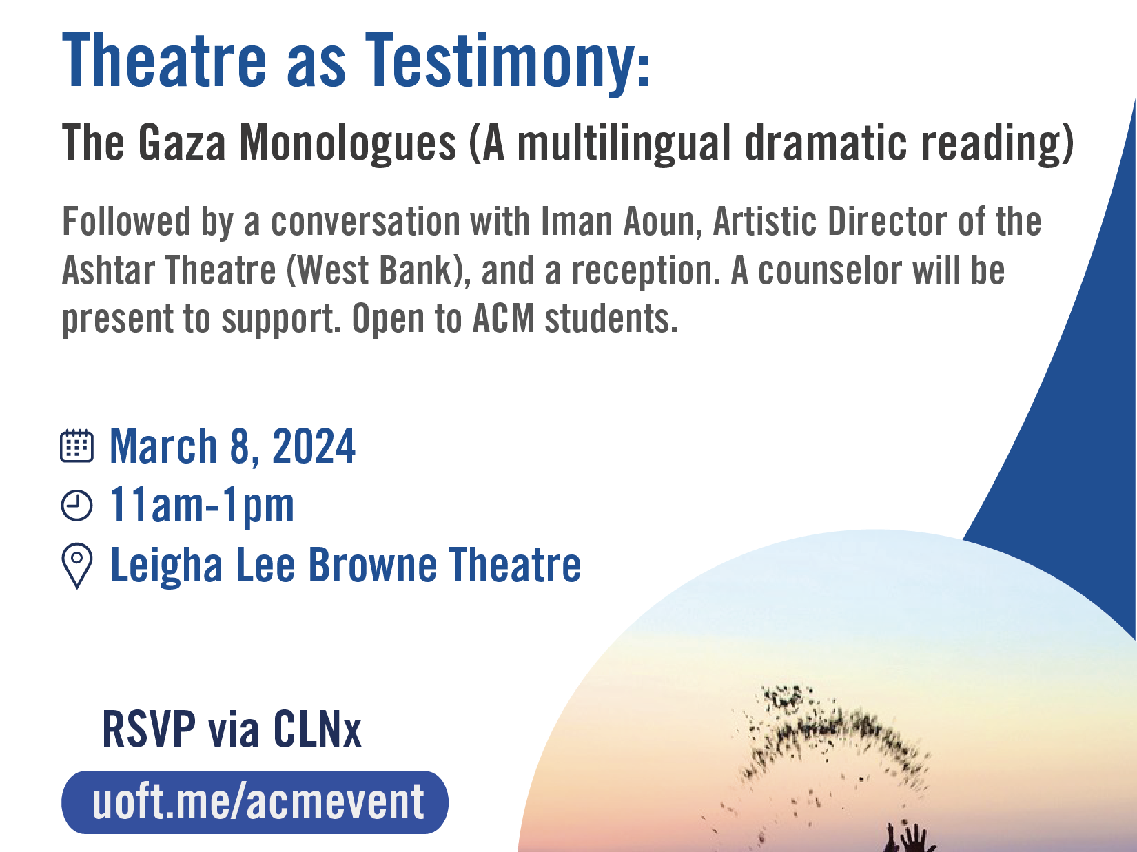 Poster for the event Theatre as Testimony, event detail listed on the webpage.