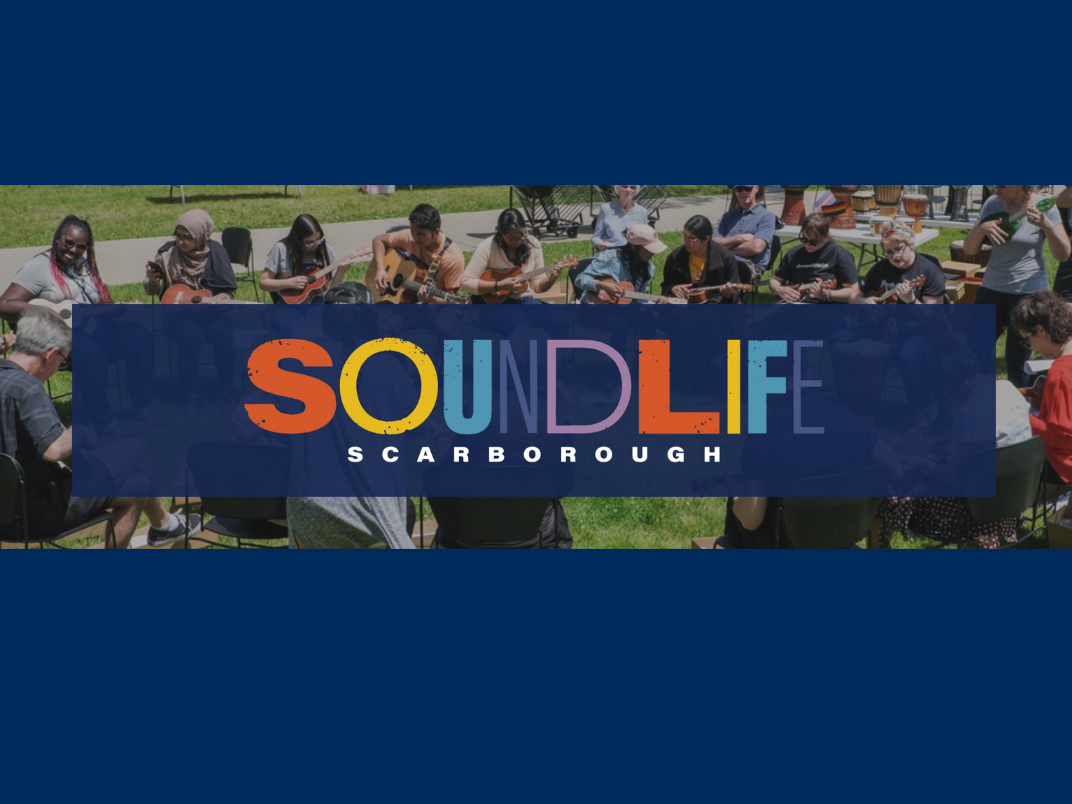 Logo of SoundLife Scarborough over an image of a ukulele session circle