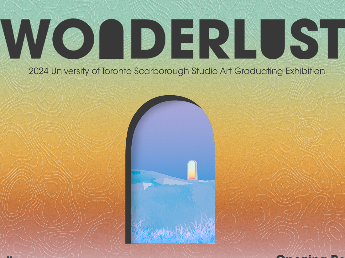 Wonderlust in bold dark grey text on top with a gradient background of green to orange and an arched window with blue outdoor scenary