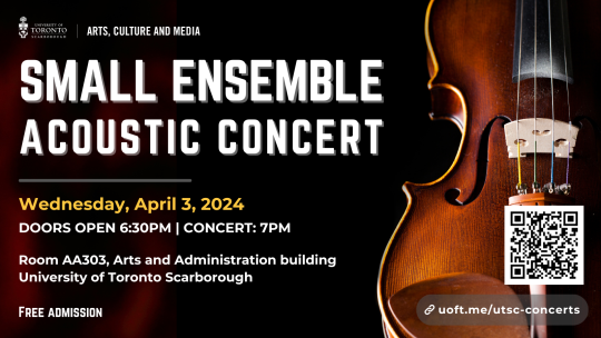 Small Ensemble Acoustic Concert. Black background with white text of the event title with details on the webpage.