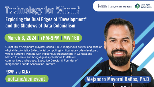 Technology for Whom? in white outline over blue background, event detail listed on the webpage. Headshot of Alejandro Mayoral Baños, Ph.D on the bottom right.