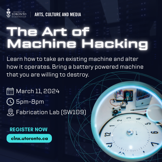 poster of The Art of Machine Hacking with a white halo effect with event info listed on the webpage below. A circle frame of a clock and circuit board 