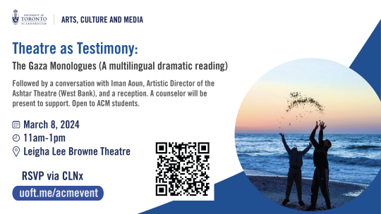 Poster for the event Theatre as Testimony. Bottom right side is a circle frame of a sunset beach with two people throwing sand above the air in a silhouette. A stylistic blue curve under it. QR code to this webpage.