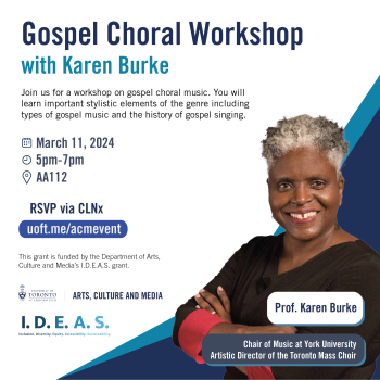 headshot of Karen Burke in the right bottom corner with her title as Chair of Music at York University and Artistic Director of the Toronto Mass Choir. The left side shows events info listed on the webpage