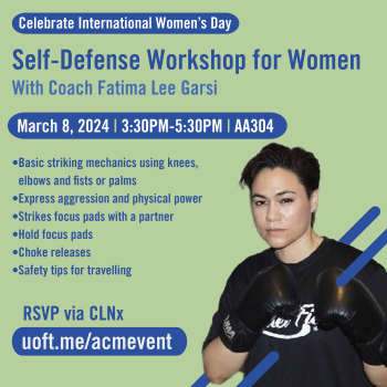 Self Defense Workshop with Coach Fatima Lee Garsi, event detail listed on the webpage. Bottom right with a headshot of Fatima Lee Garsi