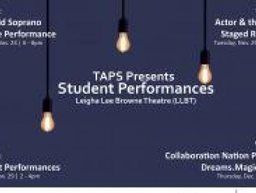 Theatre Student Performances featuring students from the TAPS program. November 24, 6pm and Dec 1, 6pm. All performances will be held at the Leigha Lee Browne Theatre (SW/SY)