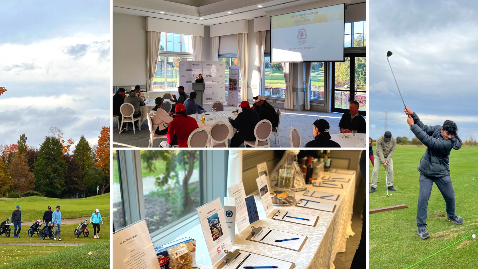 A grid of photos from Golf Day, featuring people walking between rounds, the award function, the silent auction table and a learner swinging a club
