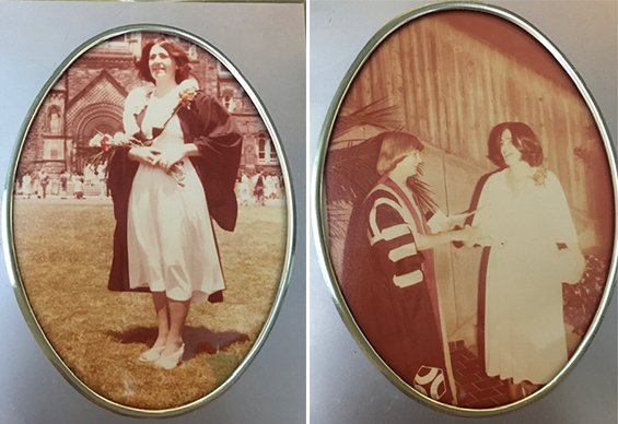 two oval framed sepia-toned images of Janet at her St. George conovcation and getting her award from Joan Foley