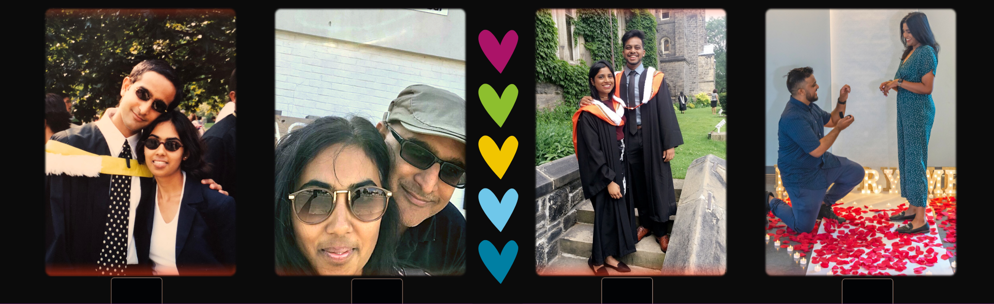 Grid of four images featuring the couples at their respective convocations, and thse taken after a few years of togetherness