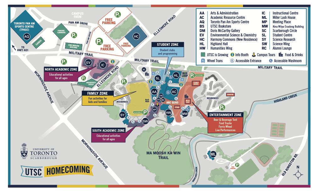 Map of UTSC campus indicating location of events at Homecoming