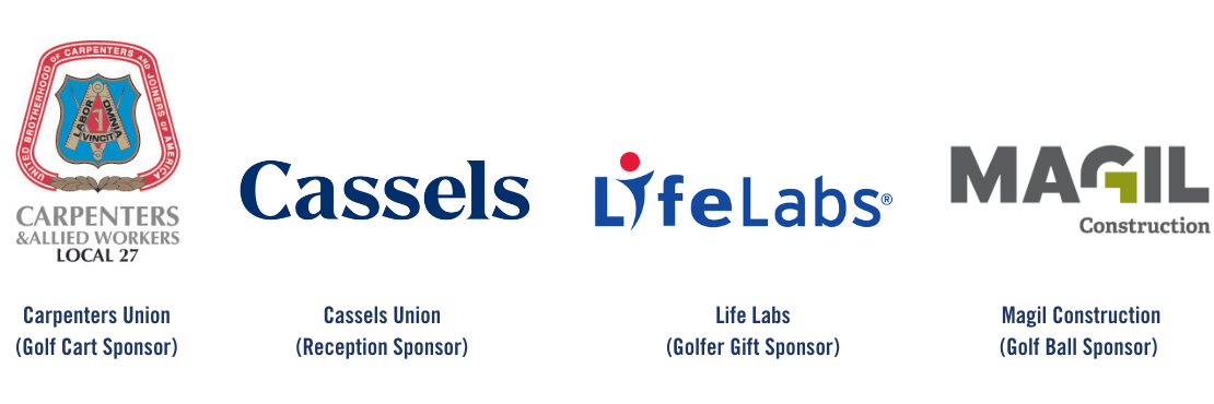 Logos of Eagle Sponsors: Carpenters Union (Golf Cart Sponsor)  Cassels (Reception Sponsor)  LifeLabs (Golfer Gift Sponsor)  Magil (Golf Ball Sponsor)