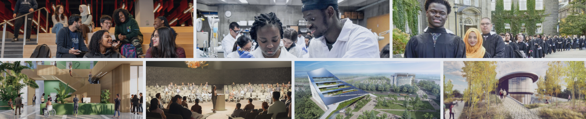 grid of photos: featuring students sitting inside the campus, in a lab and at convocation, as well as renderings of SAMIH, Indigenous House, Earth Building and the Sam Ibrahim centre for entrepreneurship. 