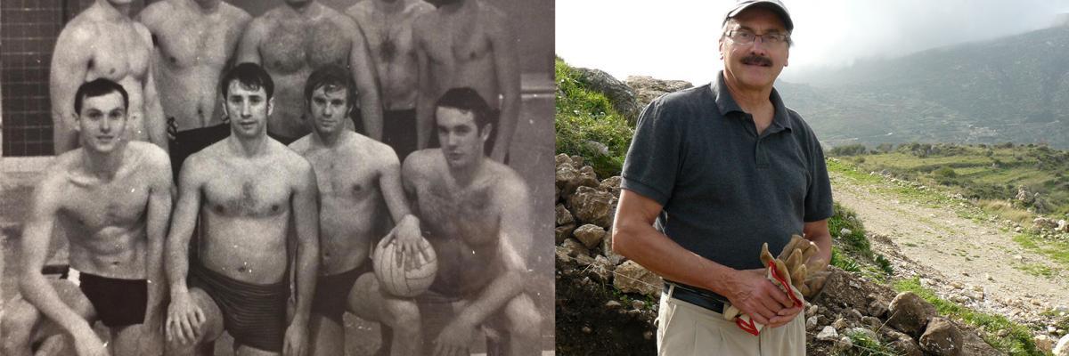 Men's UTSC Water Polo team 1970 left, John Pierce at dig site in greece, right 