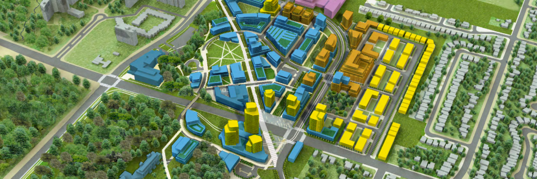 rendering of the aerial view of UTSC campus and surrounding areas after construction is over