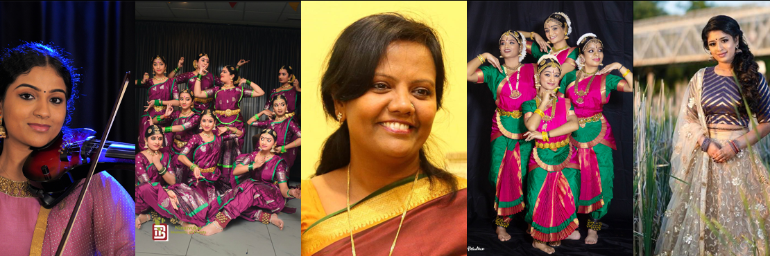 Collage of the five different performers/groups who will perform at the Tamil Event