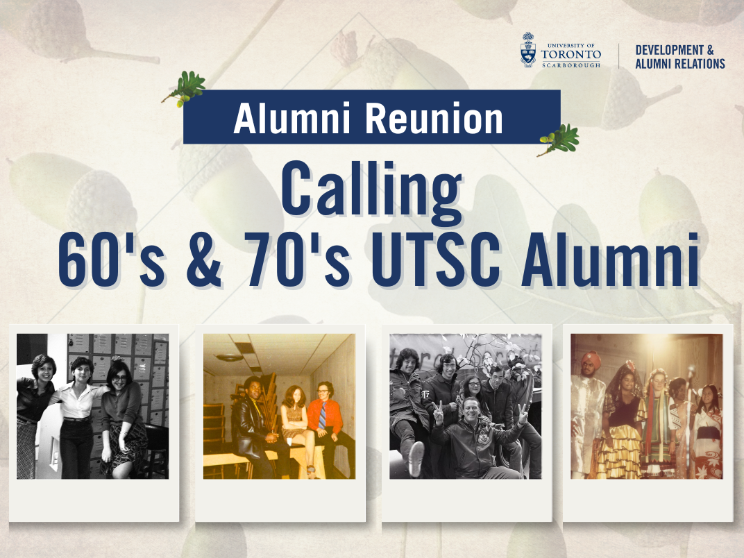 a post card featuring four archival photos of UTSC students from the 60s and 70s