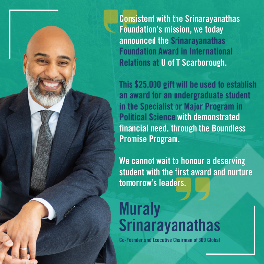 Muraly's headshot with his donor testimonial about creating a $25,000 gift for a undergrad majoring or specializing in political science to uphold the values of Srinarayanathas Foundation