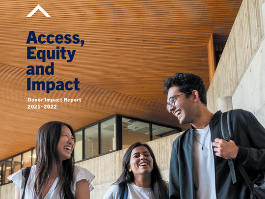 Cover of the Donor Impact Report featuring three smiling UTSC students