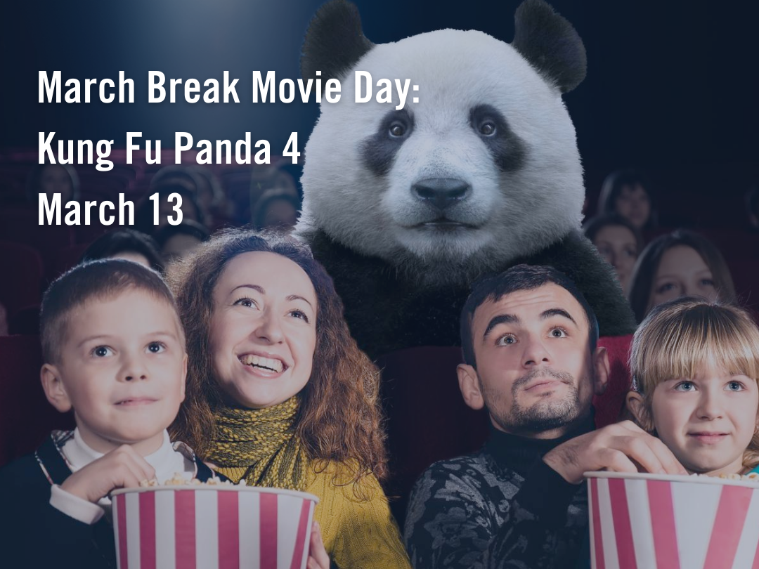 a family of four watches a movie in a theatre, with a giant black panda visible in the seat behind them