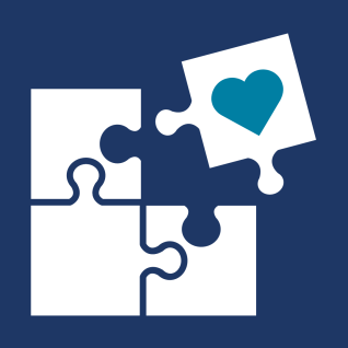 A graphic showing a puzzle piece with a heart on it completing a four piece square puzzle