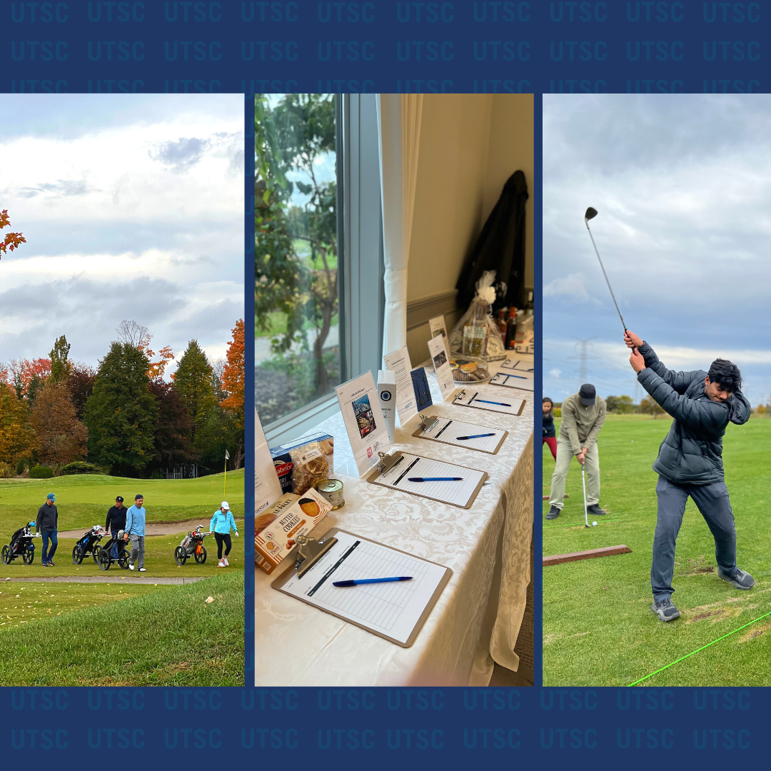 grid of images featuring people playing golf and the silent auction prizes table