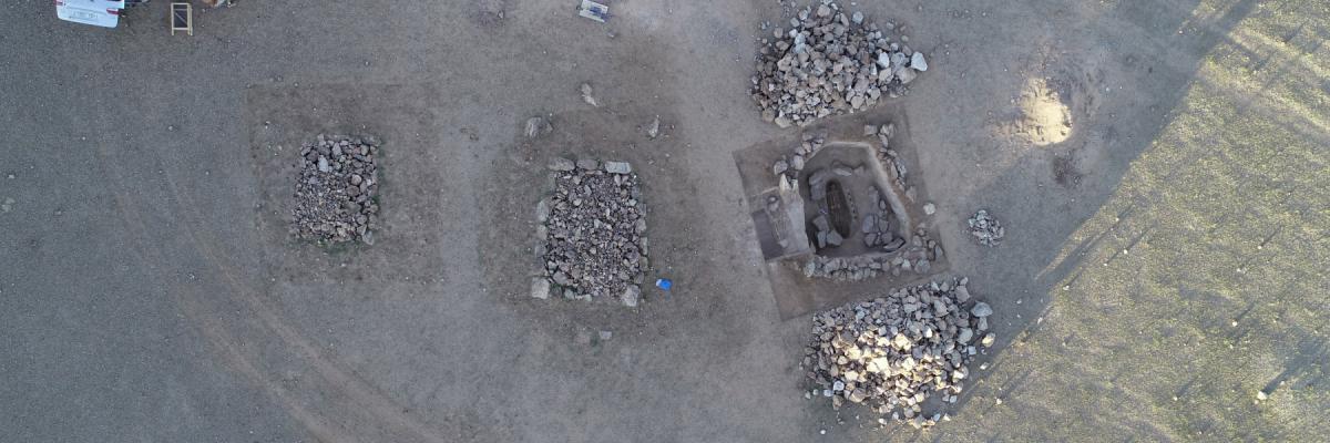 An aerial view of an archaeological excavation of a dwelling on the Mongolian steppe