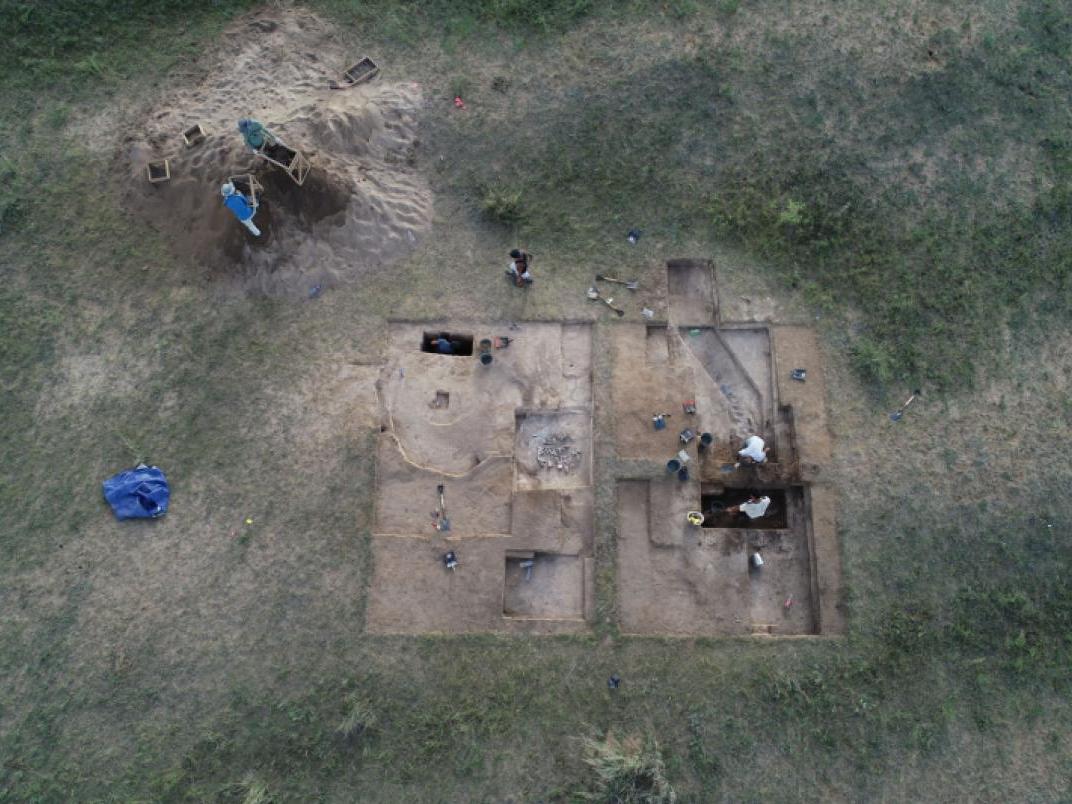 An aerial view of an excavation of a dwelling on the Mongolian Steppe