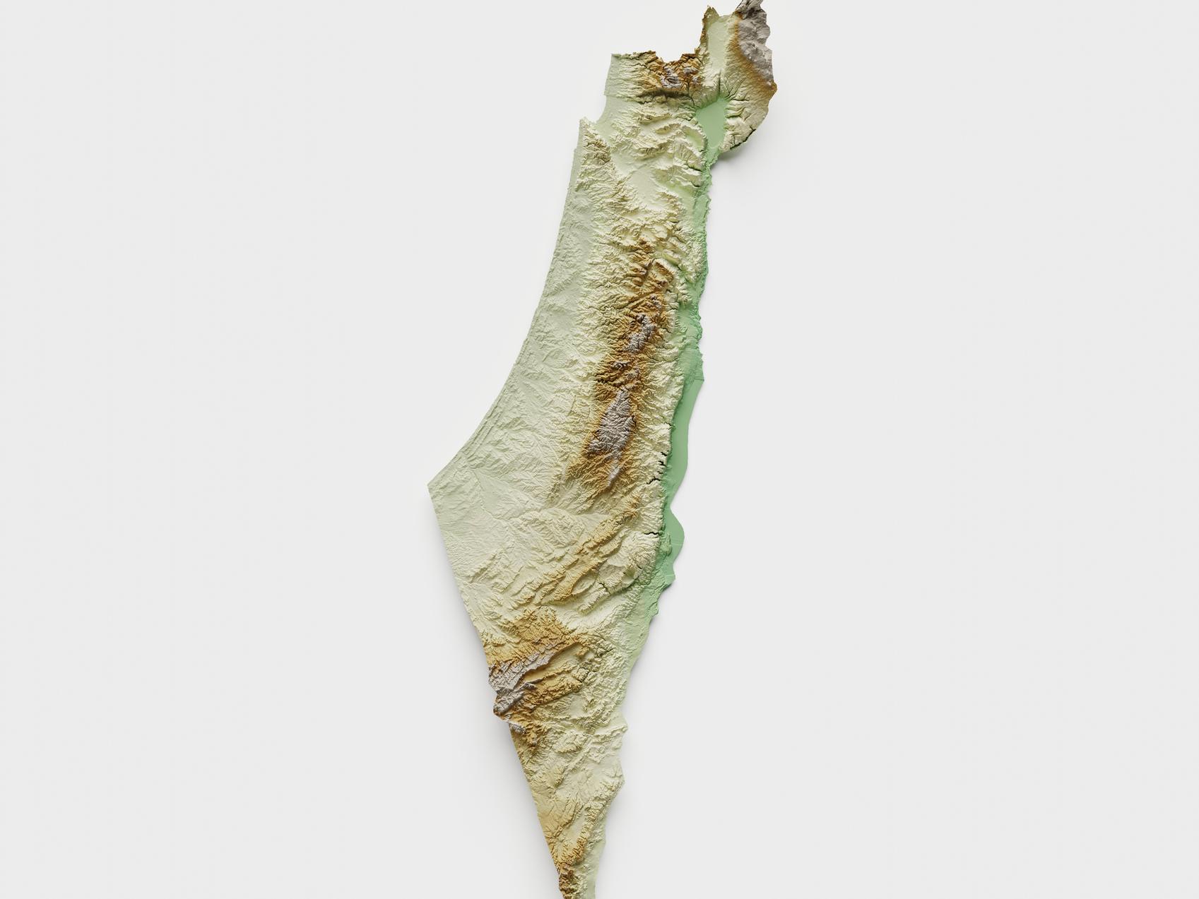 A topographical map of the area encompassing Israel and Palestine.