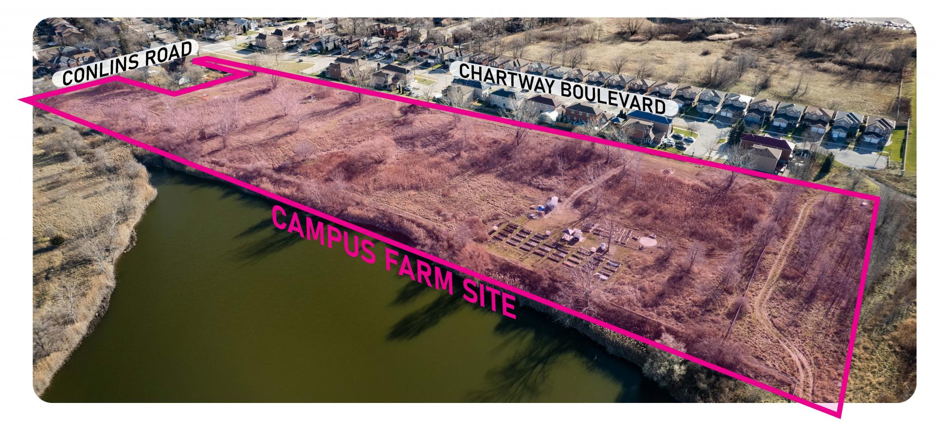 overhead view of campus farm property near Conlins Rd. and Chartway Blvd. with borders highlighted