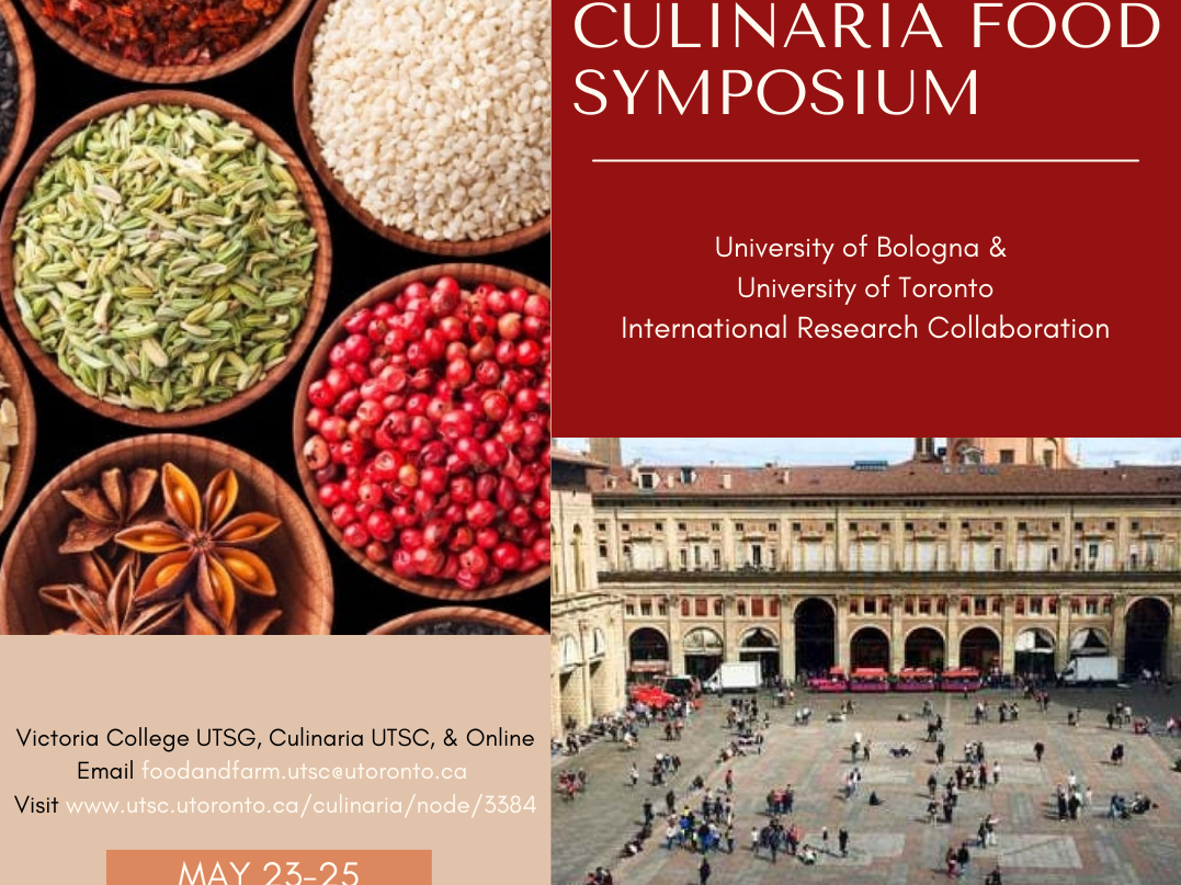 Poster for Culinaria Food Symposium, assorted spices on top left, Bologna university courtyard bottom right, red, white, beige 