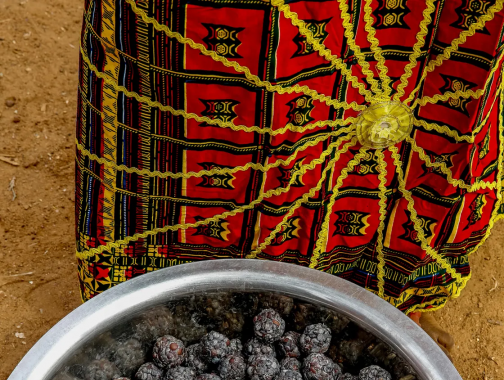 Dawadawa seed clusters in a steel bowl on red soil