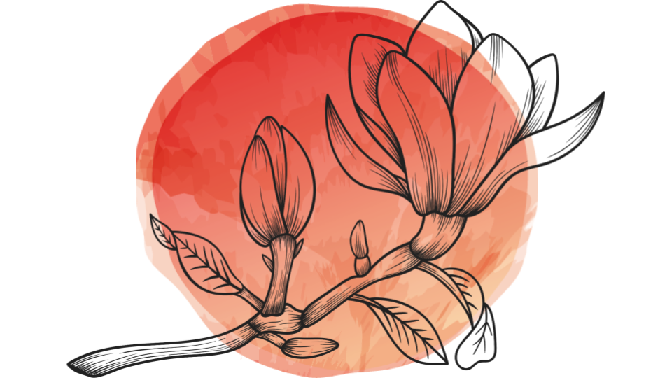 A blooming Orchid is layered over an orange/red watermark