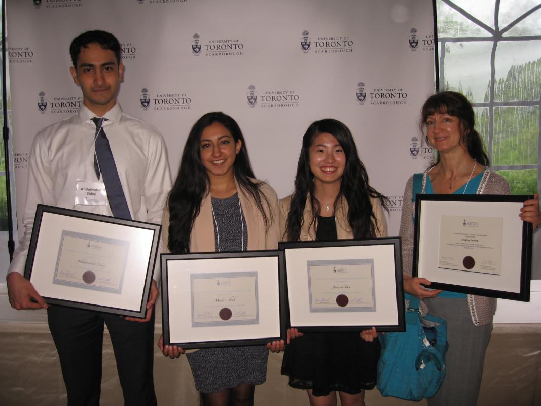 Monica Shah, Abdulwahab Sidiqi and Janessa Tam received the UTSC Library Undergraduate Research Prize for 2017 