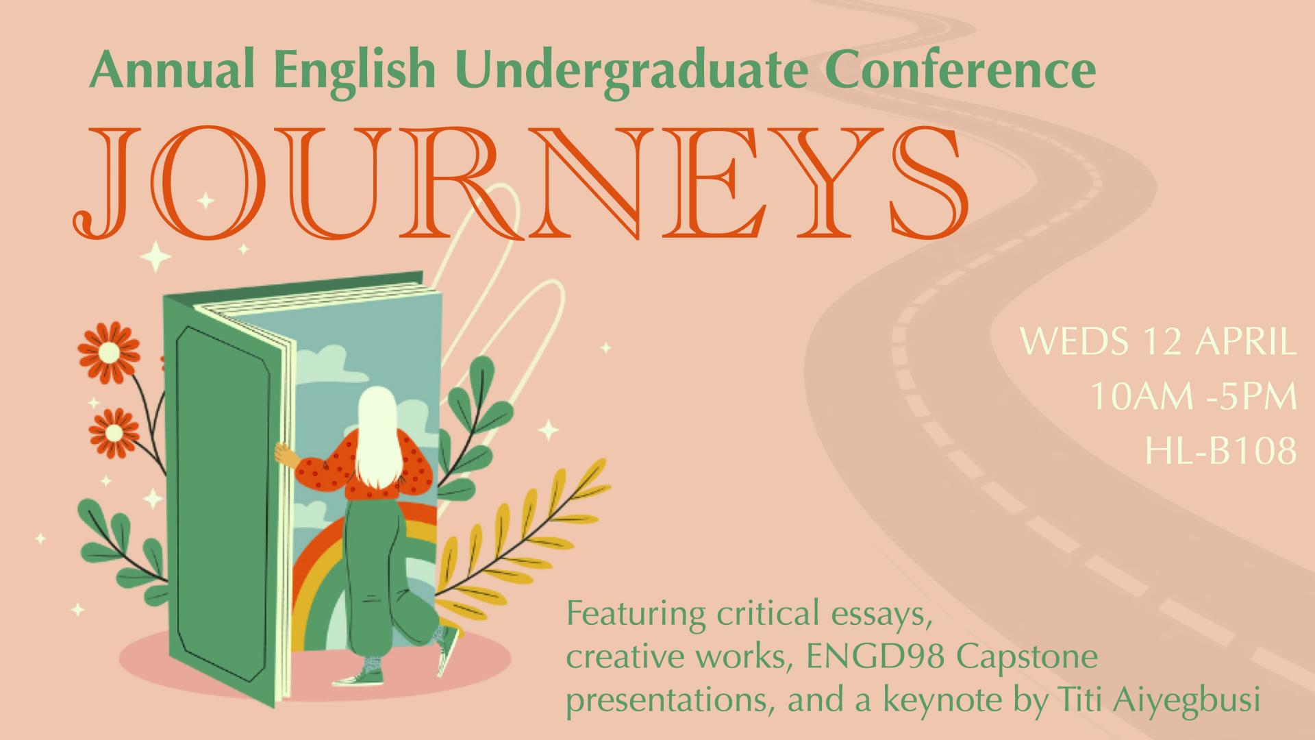 "Journeys" conference poster, with a winding road and woman walking through a book/door. Info in text.