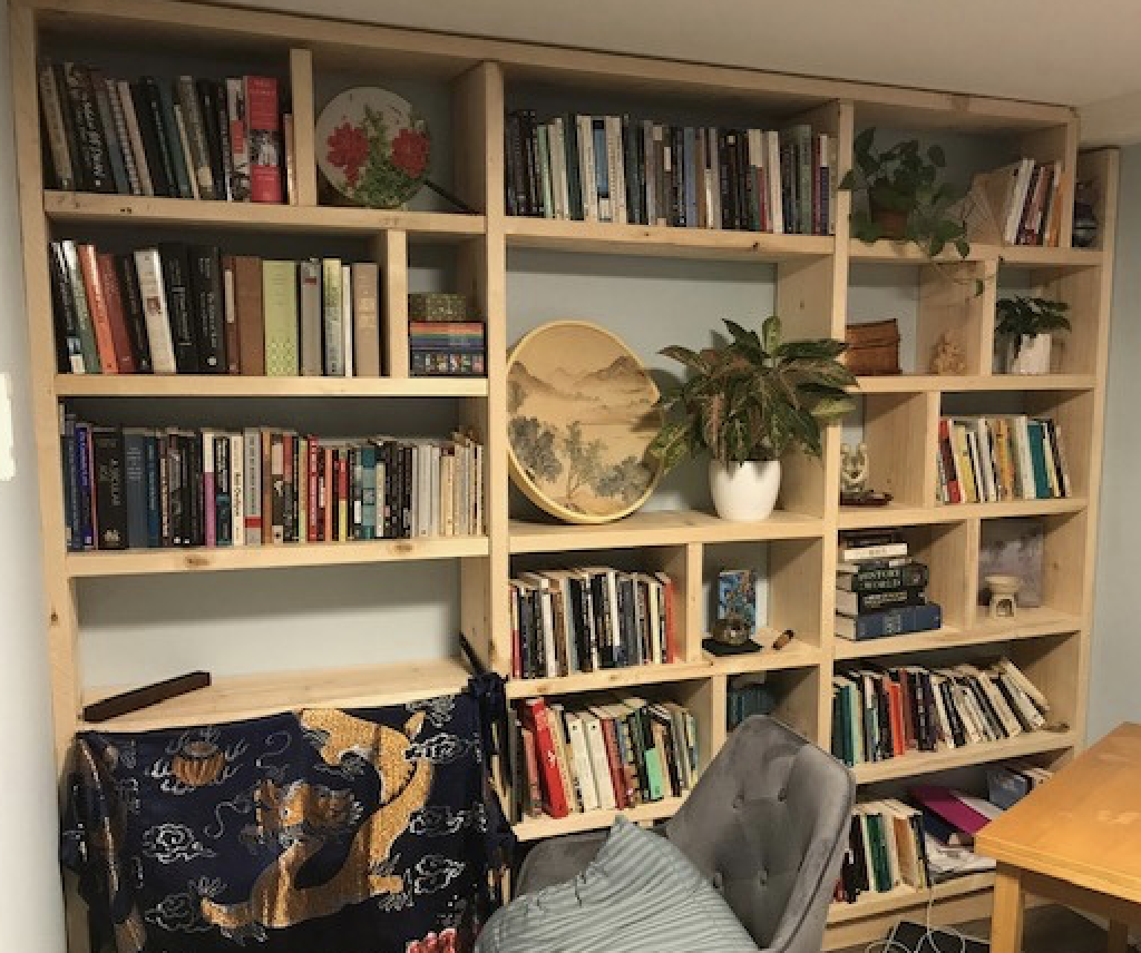 office space with bookshelves